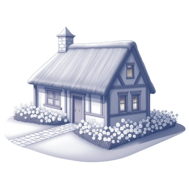 A cottage with a thatched roof is nestled in a lush garden. The structure has a charming, rustic appearance with wooden beams and a small stone chimney. The front yard is filled with an array of flowers blooming in various shapes and sizes, creating a vibrant display. Pathways made of cobblestones wind through the garden, leading up to the cottage's front door, which is adorned with a simple wooden frame. The scene evokes a sense of whimsy and tranquility.