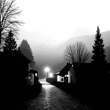 A quiet village is shrouded in a thick, mysterious fog that envelops the scene. The outlines of houses and rooftops can barely be seen through the dense mist. The village streets are empty, with cobblestone paths leading through the haze. Dim light from street lamps pierces the fog, casting soft shadows. The trees surrounding the village stand tall and still, their shapes obscured by the fog. A few faint silhouettes of distant hills are visible beyond the village, adding to the sense of isolation. The atmosphere is calm, with only the sounds of a gentle breeze rustling through the air.