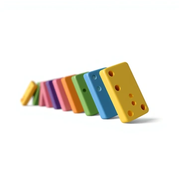 A row of colorful dominoes in various shades, standing upright in a straight line. The first domino is tipping over, creating a chain reaction that causes the rest to fall one after another. The last domino in the row is brightly colored and prominently features a large "!" symbol on its face. The scene captures the moment of motion as the dominos tumble in a dynamic and engaging manner.