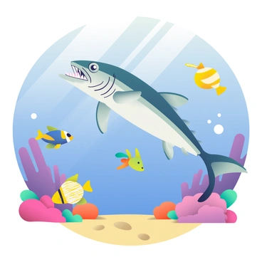 A barracuda with a sleek, silver body and sharp teeth is swimming through a colorful underwater scene. Surrounding the barracuda are vibrant coral reefs in various shades of pink, purple, and orange. Tropical fish of different species and colors are gracefully swimming around, including bright yellow tangs, blue clownfish, and striped butterflyfish. Sunlight filters down from the surface, creating shimmering patterns on the sandy ocean floor below.