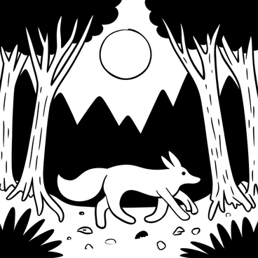 A cunning fox with a sleek body and a bushy tail is moving stealthily among tall trees in a moonlit forest. The forest floor is covered with fallen leaves and tangled roots, while beams of moonlight filter through the dense canopy above. The fox is positioned low to the ground, with its ears perked up and alert. Shadows play across the bark of the trees, enhancing the sense of depth in the scene. The background reveals silhouettes of other trees, creating a sense of mystery in the nighttime setting.
