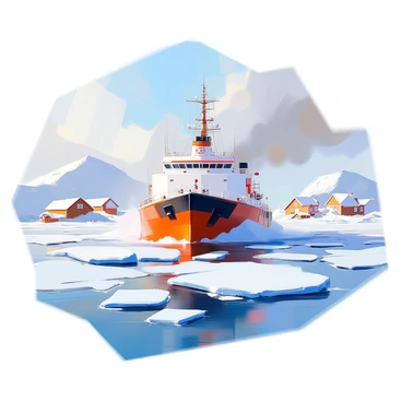 An icebreaker ship with a sturdy hull is engaged in its task of carving a path through thick sheets of ice. The ship's powerful bow is pushing against the frozen surface, creating a wake of broken ice fragments that scatter in its path. The scene depicts the ship surrounded by a vast expanse of icy blue waters and towering icebergs. In the distance, a small northern harbor is visible, with a few quaint buildings peeking out from the snowy landscape. The sky is a pale blue, indicating a clear, cold day, and the sunlight glimmers on the ice, reflecting the ship's journey toward its destination.
