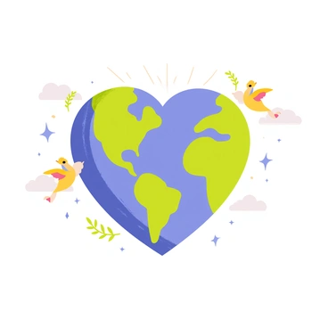 A globe shaped like a heart, featuring detailed continents painted in vibrant colors. The oceans are in various shades of blue, while the heart shape is enhanced with subtle shading for depth. Surrounding the heart-shaped globe are small, colorful symbols of peace, such as doves and olive branches. The background is filled with soft clouds and rays of light, emphasizing the theme of global love and unity.