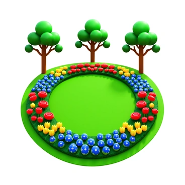 A garden featuring flower beds meticulously arranged to form the shape of a large parabola. The flower beds are filled with a variety of colorful flowers including red roses, yellow tulips, and blue violets. The grass surrounding the flower beds is lush and green, creating a vibrant contrast against the colors of the flowers. In the background, there are tall trees casting dappled shadows over the garden area.