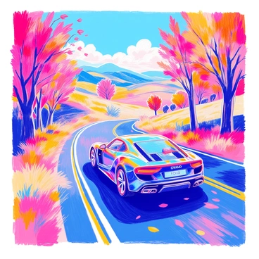 A luxury car with a sleek design is driving down a scenic country road. The car's body is a glossy deep blue color that reflects the sunlight. The road is flanked by vibrant autumn trees displaying shades of red, orange, and yellow. The leaves are mostly intact, creating a beautiful canopy overhead. In the distance, rolling hills can be seen, adding depth to the landscape. A clear blue sky with a few fluffy white clouds is overhead, enhancing the picturesque scene. The sunlight casts soft shadows on the road and the car as it moves smoothly along.