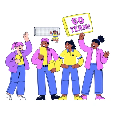 A group of parents stands on the sidelines of a sports field, all wearing matching team colors. They have big smiles on their faces as they cheer enthusiastically for their child. One parent is holding a large foam finger, while another is waving a colorful banner that says "Go Team!" in bold letters. The scene captures the excitement of the event, with the child in a sports uniform participating in the game in the background.
