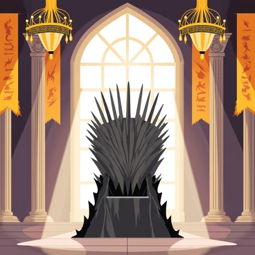 The Iron Throne is positioned at the center of a lavish castle room. The throne is intricately designed, made of iron and resembling a collection of swords. Around the throne, rich tapestries hang from the walls, depicting historical battles and symbols of power. Grand chandeliers hanging from the ceiling illuminate the room with warm light, casting soft shadows. The floor is made of polished stone, reflecting the opulence of the surroundings. Ornate details such as decorative columns and a large window with stained glass add to the regal atmosphere of the castle room.