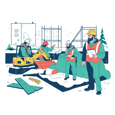 A contractor and crew working on a snowy construction site