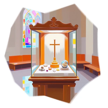 A glass display case situated inside a small chapel showcasing an array of saint relics. The case is elegantly designed with intricate wooden carvings surrounding it. Inside, several relics are carefully arranged on soft velvet linings, including a small golden cross, a fragment of bone encased in glass, and a richly embroidered cloth. The soft lighting highlights the details of the relics, casting gentle reflections on the glass. Surrounding the display, the chapel features simple wooden benches and stained glass windows depicting various saints.