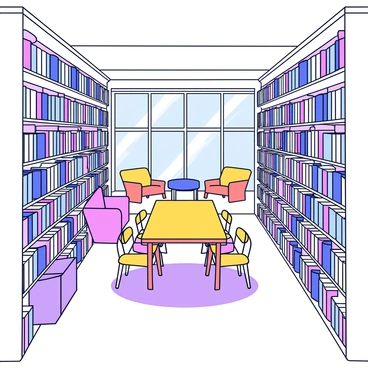 A library with tall shelves filled with neatly arranged books. Sunlight streams through large, clear windows, casting bright rays onto the polished wooden floor. A few cozy reading nooks are scattered throughout, featuring soft armchairs and small tables. A large wooden table sits in the center, surrounded by chairs, inviting readers to gather. The ceiling is high, and a serene atmosphere fills the space.
