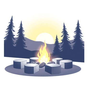 A campfire is centrally located, with flames dancing and glowing brightly against the darkening sky. Around the fire, several large stones form a circle, providing a rustic seating area. The silhouettes of tall trees rise in the background, their outlines stark against the fading light. The setting sun casts a gradient in the sky, transitioning from yellow to black, while the last rays illuminate the edges of the campfire, creating a warm, inviting atmosphere.