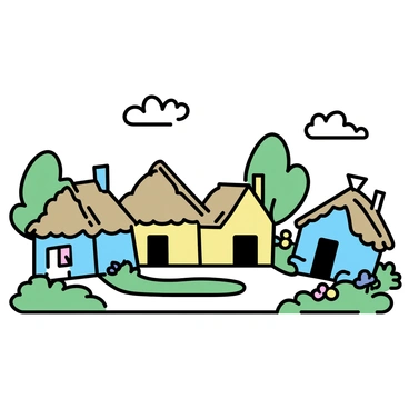 A quaint village scene featuring several small cottages with thatched roofs. Each cottage has a distinct color, including pastel shades of blue, yellow, and green. A cobblestone path winds through the village, connecting the cottages. Lush greenery surrounds the cottages, with blooming flowers in various colors adding vibrancy to the scene. A clear sky is overhead, with a few fluffy clouds.