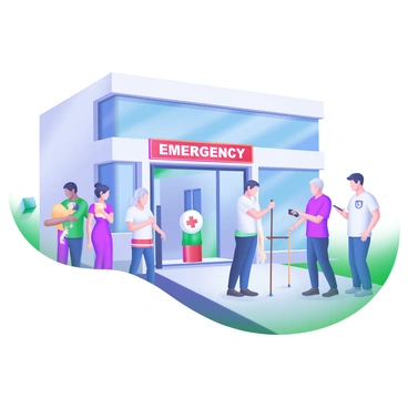 A modern hospital building featuring large glass windows and a sleek design. In front of the hospital, there is a queue of diverse individuals, including a woman with a child, an elderly man with a cane, and a young adult looking at their phone. Each person is dressed in casual clothing, waiting patiently. The hospital's entrance is clearly marked with a sign that says "Emergency" in bold red letters, and there are medical staff in uniforms assisting patients. The scene conveys a sense of community as people come together for healthcare.