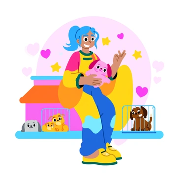 A cute character with bright blue hair and large expressive eyes is standing in front of a mobile game pet shelter. The character is wearing a colorful outfit with playful patterns. In their hands, they are gently holding a small virtual pet, which resembles an adorable fluffy puppy with big ears and a wagging tail. The pet has vibrant colors, including pastel pink and yellow. Around the shelter, there are other virtual pets in cages, looking up with hopeful expressions. The background is filled with cheerful game interface elements, such as hearts and stars, creating an inviting atmosphere.