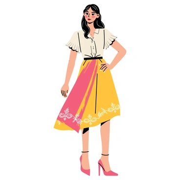 A fashion illustration showcasing a model wearing a chic outfit. The outfit consists of a flowing skirt and a fitted blouse, both in vibrant colors. The skirt has intricate patterns, while the blouse features ruffled detailing on the sleeves. The model is posed confidently with one hand on her hip. She has long hair styled in loose waves. The background is simple to emphasize the elegance of the outfit, and the illustration includes bold marker strokes to highlight the textures and colors of the clothing.
