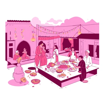 A pink village square is filled with people celebrating a dowry ceremony. In the center, a couple dressed in traditional attire smiles at each other, surrounded by guests. Colorful decorations hang from the nearby buildings, and tables are overflowing with food and vibrant flowers. Children are playing nearby, while some elders are engaged in conversation, seated on benches. Lanterns are starting to light up as the sun sets, creating a warm and festive atmosphere.