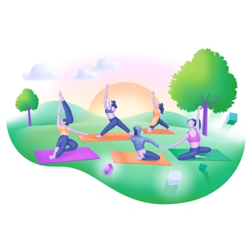 A modern pastel illustration depicting a group of five people practicing yoga on colorful mats in a lush green park. The scene is illuminated by the soft, warm light of sunrise, with the sky painted in gradients of pink and orange. Each individual is in a different yoga pose, such as downward dog, warrior pose, and lotus position. Surrounding them are trees with vibrant green leaves and a gentle mist rising from the grass. In the background, there are a few fluffy clouds and a distant view of rolling hills, completing the tranquil ambiance of the setting.