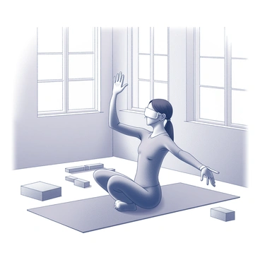 A blind person is engaged in a yoga practice within a tranquil studio environment. They are positioned on a yoga mat, focusing intently on their poses. A gentle hand is guiding them, ensuring their alignment and stability. Surrounding them are various yoga props, such as blocks and straps, arranged neatly. The studio features large windows allowing soft, diffused light to enter, creating a calm atmosphere. The walls are adorned with minimalistic decor, contributing to the serene setting as the person practices mindfulness and concentration.