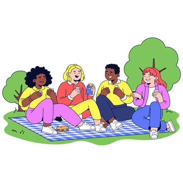 A diverse group of friends sitting together on a checkered picnic blanket. There are four friends: a person with curly brown hair, a person with straight black hair, a person with short blonde hair, and a person with long red hair. They are all smiling and laughing while holding a variety of snacks like sandwiches, fruit, and juice boxes. The setting is a sunny park with green grass and a few trees in the background. The sunlight casts soft shadows on the blanket, enhancing the cheerful atmosphere.