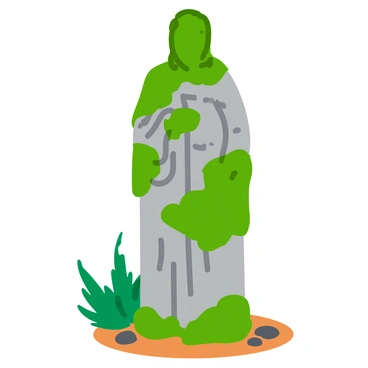 A weathered stone statue stands majestically, partially covered in vibrant green moss. The surface of the statue reveals intricate carvings and texture that convey age and history. Light falls softly on the statue, highlighting the contrasts between the rough stone and the velvety moss. Surrounding the statue, patches of earth and small pebbles can be seen, further emphasizing its connection to the natural environment. The background features hints of foliage, creating a serene atmosphere around this historical piece.