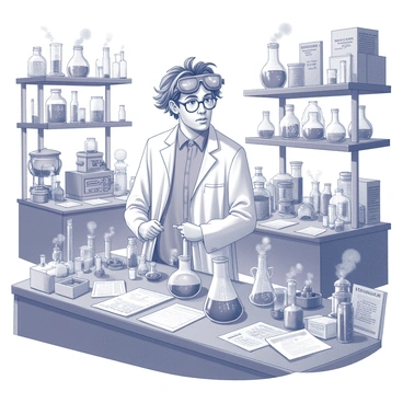 A professor with disheveled hair stands in a cluttered laboratory filled with various scientific gadgets. He is wearing a lab coat and has safety goggles perched on his forehead. Surrounding him are numerous bubbling test tubes, some filled with opaque liquids, emitting wisps of vapor. Various beakers and flasks are scattered across the workbench, showcasing a variety of shapes and sizes. Metal apparatuses and strange contraptions, like gears and levers, are positioned around the room, suggesting ongoing experiments. Papers and notebooks filled with calculations are strewn about, contributing to the chaotic atmosphere. The sides of the laboratory are lined with shelves holding jars of mysterious substances and old volumes on science.