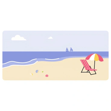 A calm seaside view illustrated on a half-size illustration board. The scene features gentle waves lapping against a sandy shore. A light blue sky with a few fluffy white clouds is visible above. In the foreground, there are small seashells scattered on the sand. To the right, a colorful beach umbrella is placed next to a red and white striped beach chair. In the background, there are silhouette outlines of distant sailboats on the horizon.