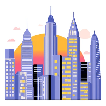 A collage of various urban skyscrapers in different architectural styles, including sleek glass towers and brick facades. The buildings are arranged side by side, showcasing their unique heights and designs. A vibrant sunset sky fills the background, featuring shades of orange, pink, and purple, casting a warm glow on the skyscrapers. The skyline is detailed, displaying windows reflecting the colors of the sunset.