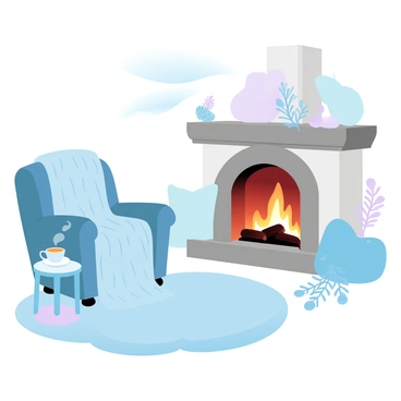A cozy winter scene with a fireplace, a warm blanket, and a cup of green tea on a side table.