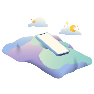 A small, soft cell phone is lying on a plush, patterned blanket. The phone has a light blue case, and the screen is turned off, indicating it is asleep. The blanket is a mix of pastel colors, featuring shades of lavender and mint green, with a fluffy texture. Surrounding the phone are tiny, whimsical thought bubbles filled with stars and clouds, suggesting that it is dreaming peacefully. The setting is warm and inviting, emphasizing the coziness of the scene.