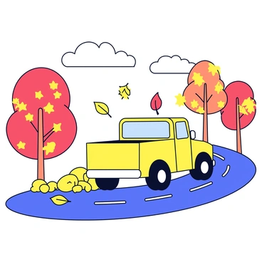 A yellow truck is driving along a winding road. The road is bordered by trees displaying vibrant autumn leaves in shades of red, orange, and yellow. The truck has an open bed, and the sunlight creates a warm glow on its surface. Piles of fallen leaves accumulate on the roadside, and a few leaves flutter down from the trees as the truck passes. The sky is clear with a few fluffy clouds.
