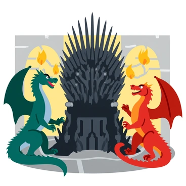 A large, imposing Iron Throne made of twisted swords, sitting in the center of a stone room. The throne is detailed with jagged edges, gleaming metal surfaces, and a dark, intimidating presence. On either side of the throne stands a pair of dragons, one a deep emerald green and the other a fiery red, both with large, majestic wings folded against their bodies. The dragons are exhaling gentle flames that dance in the air, casting flickering shadows on the stone walls. The scene is illuminated by a warm, golden glow from the flames, highlighting the scales of the dragons and the metallic sheen of the throne.