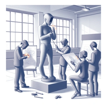 A group of artists is gathered in a spacious industrial studio. They are working together to create a large iron statue. One artist is welding pieces of iron together, sparks flying as metal meets metal. Another artist is carefully sketching the design on a large piece of paper, providing guidance to the team. There are tools scattered around, including hammers, chisels, and welding masks. The studio has high ceilings, and large windows let in natural light, illuminating the scene and casting shadows on the floor. A partially finished iron statue stands prominently in the center, showcasing intricate details and textures.
