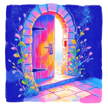 An ancient wooden door stands slightly ajar, its surface weathered and textured with intricate carvings. The door is surrounded by a stone wall covered in moss and creeping vines. A warm, inviting glow emanates from the opening, illuminating the edges of the door and casting soft shadows on the surrounding area. The scene is set in a dimly lit corridor, enhancing the contrast between the dark surroundings and the light spilling through the gap of the door.