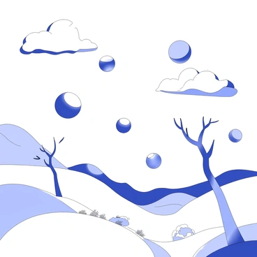 A dreamlike landscape features various objects floating in the air, seemingly suspended by invisible magnetic forces. There are large rocks hovering above the ground, surrounded by wispy clouds. In addition, metallic spheres of different sizes drift lazily through the scene, reflecting the shapes of the surrounding elements. Trees with twisting branches stretch up toward the floating objects. The ground is uneven, with patches of grass and small flowers dotting the terrain. In the distance, gentle hills rise under a vast expanse of sky.
