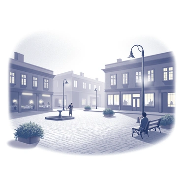 A town square at dawn, shrouded in a light, humid haze. The cobblestone path is damp with dew, reflecting the soft light from streetlamps. A few scattered benches line the square, with one or two people sitting quietly, sipping coffee. Potted plants with lush foliage are positioned around the square, adding a touch of greenery. Nearby, a small fountain gently trickles water, creating a soothing sound in the peaceful atmosphere. The buildings surrounding the square have quaint architectural details, featuring storefronts with closed shutters and a few open windows revealing the early stirrings of life inside.