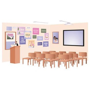 A digital flat illustration showing a wall in a lecture room filled with various "inspirational illustration prints." The wall is painted a light color to enhance the visibility of the prints. Each print features different motivational phrases in vibrant typography, surrounded by colorful abstract designs. Some prints include illustrations of nature, such as mountains and trees, while others depict people achieving goals or working together. A wooden podium stands in front of the wall, and there are rows of wooden chairs arranged facing the wall, creating a learning environment. A large window allows natural light to brighten the room, enhancing the overall atmosphere.