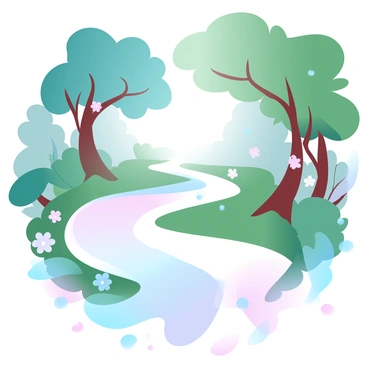 A winding path meanders through a lush forest, surrounded by towering trees with thick green foliage. Each segment of the path is illuminated, showcasing vibrant colors that represent different chakra hues. The colors blend seamlessly into one another, creating a gradient effect as the path twists and turns. Delicate flowers with matching chakra colors are scattered along the sides of the path, enhancing the visual harmony. Soft rays of light filter through the tree branches, adding to the atmosphere of tranquility.