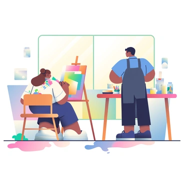 Two artists are collaborating in a bright, spacious studio filled with natural light. One artist, a woman with long brown hair tied back, is sitting at an easel, painting with a palette of vibrant colors. She is wearing a loose-fitting white shirt splattered with paint. Beside her, a man with short black hair is standing, mixing different colored paints on a wooden table. He is wearing a dark apron over a blue shirt. Surrounding them are various canvases of different sizes leaning against the walls, and jars filled with colorful paintbrushes scattered across the table. The floor is covered in a patchwork of paint splatters, adding to the creative atmosphere. A large window lets in sunshine, illuminating the lively scene.