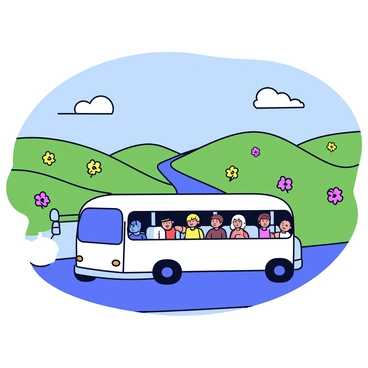 A tour bus is traveling along a winding road, surrounded by rolling hills. Inside the bus, several passengers are seated by the large windows, looking out with expressions of enjoyment. The hills outside are lush and green, dotted with patches of colorful wildflowers. The sky above is clear with a few fluffy clouds. The interior of the bus features soft seats and a bright overhead light illuminating the passengers.