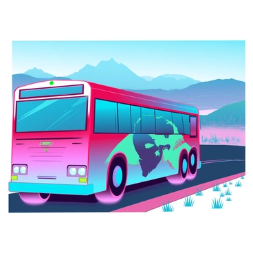 A large tour bus with a vibrant paint job featuring "Elvis Presley’s" face prominently displayed on the side. The bus is sleek and modern, showcasing bright colors that attract attention. It is driving along a highway that winds through diverse American landscapes, including rolling hills and expansive plains. In the background, there are distant mountains and a clear blue sky. The bus has large windows reflecting the scenery outside, and it is surrounded by a sense of motion, with dust and grass being kicked up by the wheels as it journeys forward.