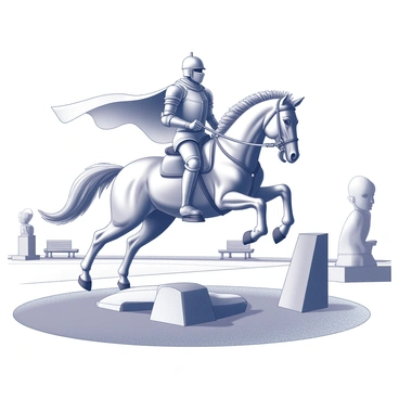 A knight on horseback jumping over modern obstacles in a city park.