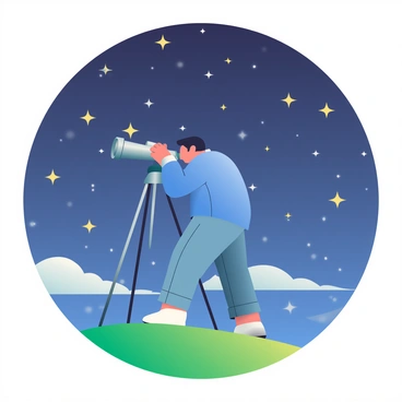 A person with dark hair is standing on a grassy hill looking through a telescope aimed at a starry night sky. The telescope is silver and mounted on a sturdy tripod. The person is wearing a blue jacket and jeans, with their right hand adjusting the focus of the telescope. In the background, numerous bright stars are twinkling against a deep blue and black sky, providing a vivid backdrop. A few clouds are drifting, partially illuminated by the starlight. The silhouette of distant mountains can be seen at the horizon.