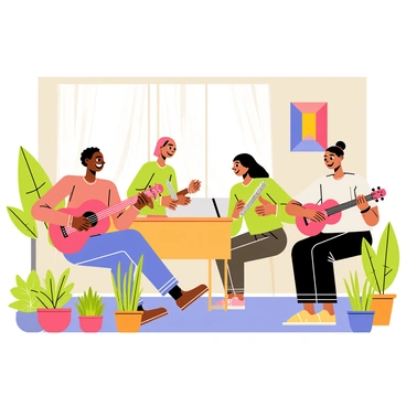 A group of four women playing instruments together in a cozy living room. One woman plays a bright red guitar, while another woman holds a silver flute. The third woman is seated at a small wooden piano, and the fourth woman strums a ukulele. The room is filled with an abundance of green plants in various pots, creating a lively atmosphere. Soft sunlight filters through the window, casting gentle shadows across the room. A colorful tapestry hangs on the wall, adding warmth to the scene. The women are smiling and engaged in their music, creating a joyful ambiance.