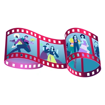 A vibrant filmstrip with multiple frames showcasing scenes from classic movies. Each frame features distinct characters and iconic moments, including a daring hero leaping into action, a glamorous couple sharing a romantic dance, and a comedic character in an exaggerated pose. The filmstrip has a glossy finish, and colors range from deep reds and blues to bright yellows and greens, creating a lively visual effect. The edges of the filmstrip are perforated, adding to its vintage look. The frames are arranged in a dynamic, flowing manner, conveying movement and excitement.