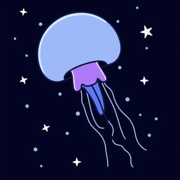 A moon jellyfish with a translucent, dome-shaped body is floating gracefully in the vastness of space. Its tentacles trail behind, appearing delicate and ethereal. The jellyfish is illuminated softly, reflecting shades of blue and purple. Surrounding it are numerous small, bright white stars scattered against a deep black background, creating an impression of a galaxy. The scene captures the juxtaposition of the jellyfish's organic form with the cosmic setting around it.