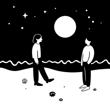 A couple standing on a moonlit beach facing each other, with waves gently lapping at their feet. The person on the left appears to be fading into the night, with their form becoming less distinct and blending with the dark surroundings. The other person is clearly defined, their silhouette contrasting against the glow of the moon reflecting on the water. The scene includes a large full moon hanging low in the sky and stars twinkling in the background. Soft sand is visible beneath their feet, with scattered seashells enhancing the beach atmosphere.