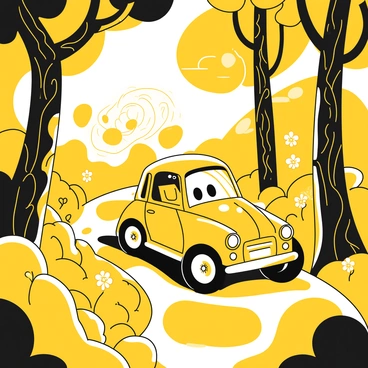 A cartoon car with exaggerated features and a shiny exterior is driving down a winding path in a forest. The car has large, round wheels and a cheerful expression on its front. Surrounding the car are tall trees with twisting trunks and vibrant, textured bark. The forest floor is dotted with "glowing flowers" that emit a soft light, while delicate "fairies" with sparkling wings flit around, adding to the magical ambiance of the scene. Sunlight filters through the canopy, creating dappled patterns on the ground. The entire composition evokes a sense of adventure and wonder in a fantastical setting.