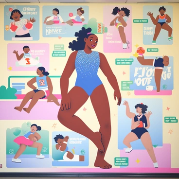A large mural features Simone Biles in a dynamic pose, showcasing her athleticism. She has dark curly hair styled in a ponytail, and she's wearing a vibrant blue leotard adorned with sparkly details. The background of the mural is filled with colorful images of young athletes, demonstrating various sports like gymnastics, basketball, and running. Inspirational quotes are interspersed throughout the mural, including "Believe in yourself" and "You can achieve greatness." The overall atmosphere conveys motivation and encouragement, making it an inspiring sight for viewers.