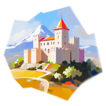 A medieval castle with stone walls and tall towers stands prominently on a hill, overlooking the expansive landscape. The castle features arched windows and narrow slits for defense, showcasing its historical architecture. In the background, Mont Ventoux rises majestically, its peak capped with snow, contrasting against the blue sky. Lush green fields and patches of forest spread out around the base of the hill where the castle is situated, adding to the natural beauty of the scene. The sunlight casts shadows on the castle's walls, highlighting its grandeur and strength.