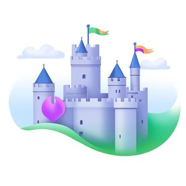 A towering medieval castle situated on a hilltop, with its stone walls and tall spires reaching towards the sky. The castle features vibrant flags in various colors, fluttering in the wind from the battlements. Surrounding the castle, a lush green landscape enhances its prominence, with a clear blue sky above.